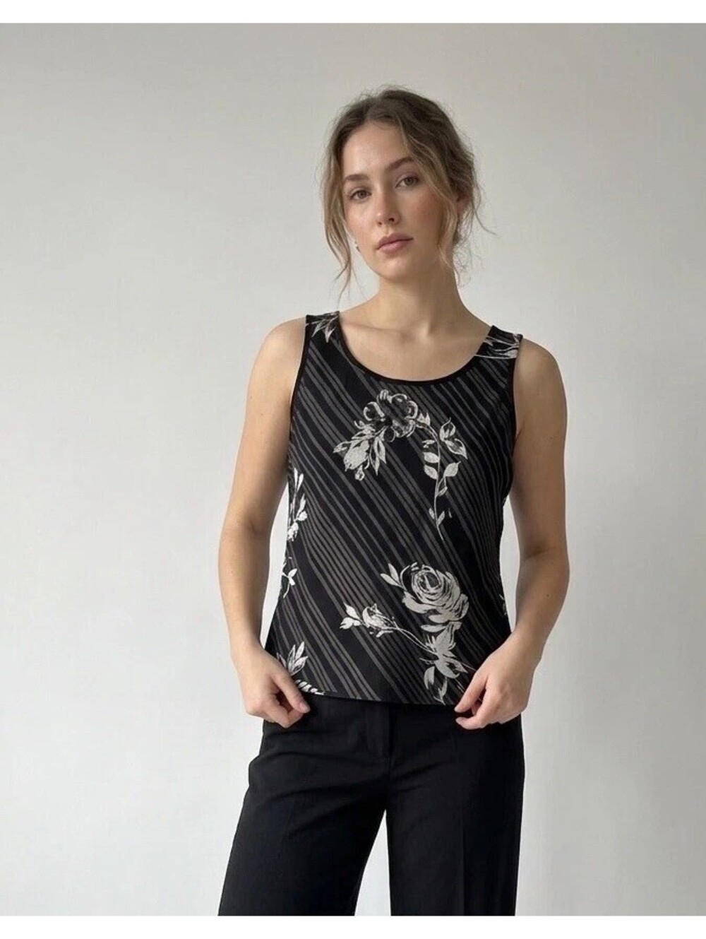 Vintage 90s Gianni Sport 100% Rayon Striped Floral Black White Tank Size Small